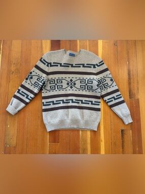 Pendleton Beige Crewneck Sweater with Navy & Brown Geometric Stripes